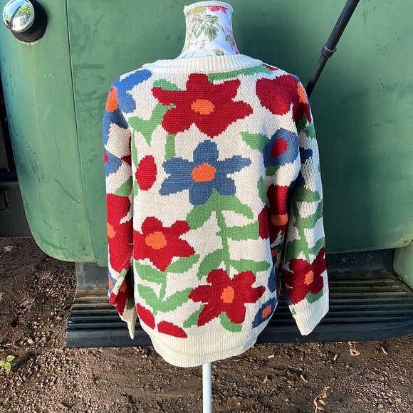 New Crew Neck Ivory Floral Knit Sweater with Red, Blue, Green, Orange Flowers - Picture 15 of 17